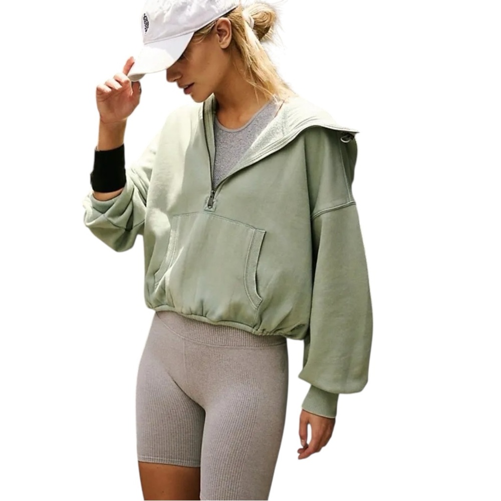 FP Movement by Free People Sage Green Half-Zip Hooded Sweatshirt